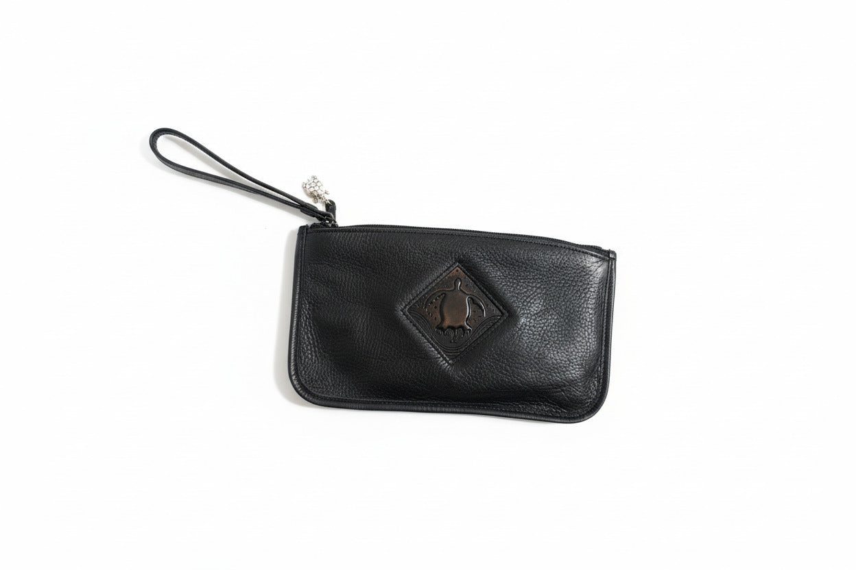 handmade Black leather clutch with embossed turtle design