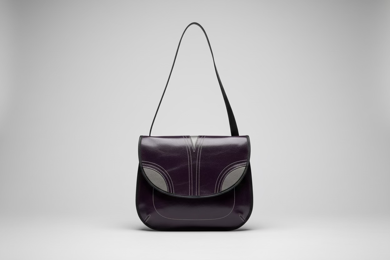 handmade eggplant Purple leather handbag with grey leather details, cross body, long black strap