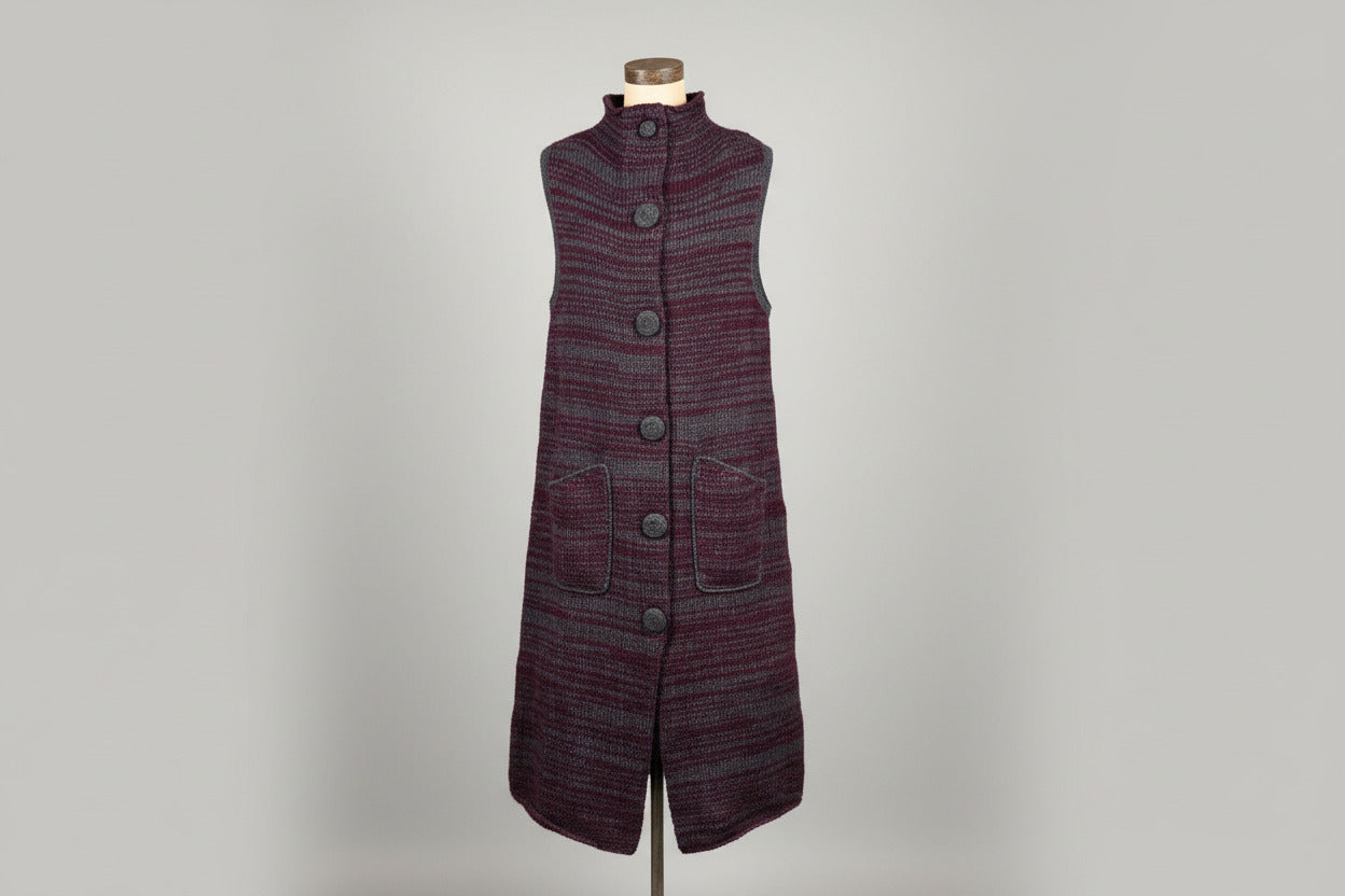 Burgundy merino wool hand knit long vest with covered buttons