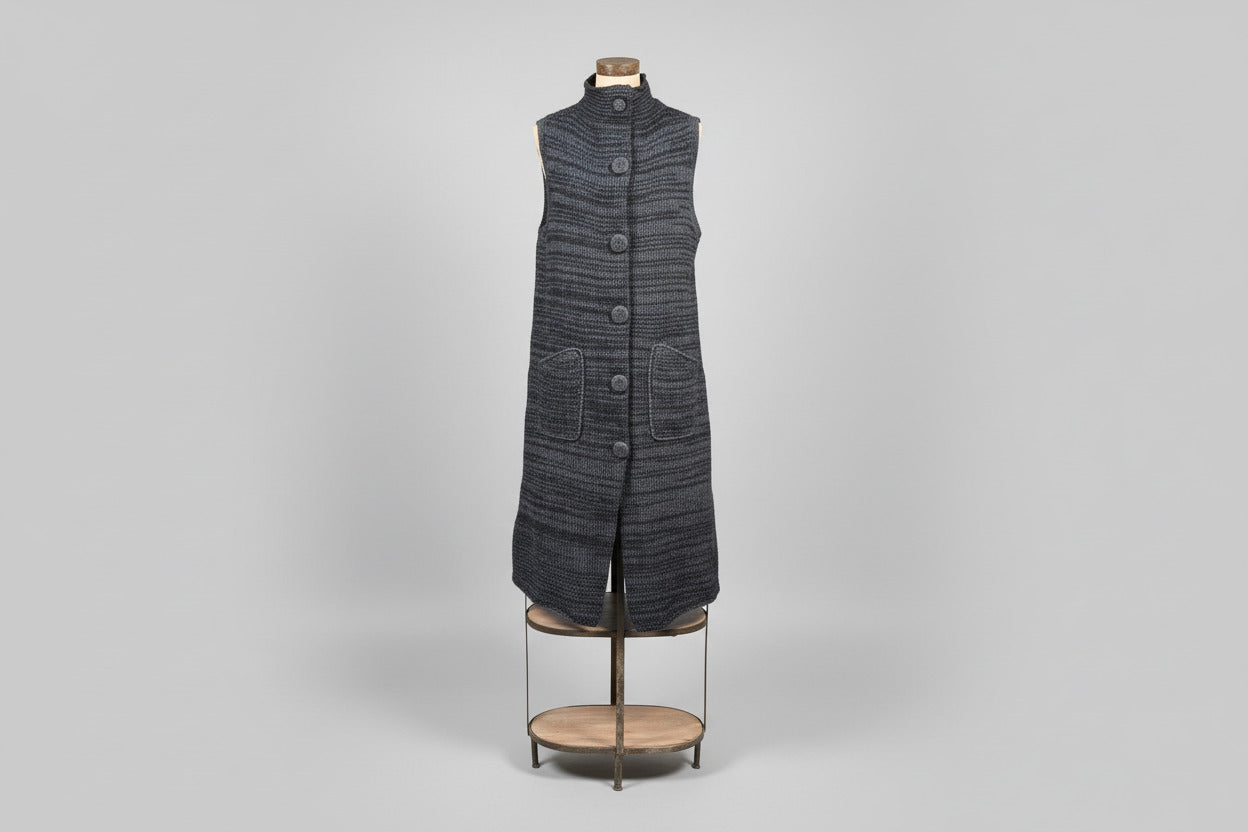 Grey merino wool hand knit long vest with covered buttons