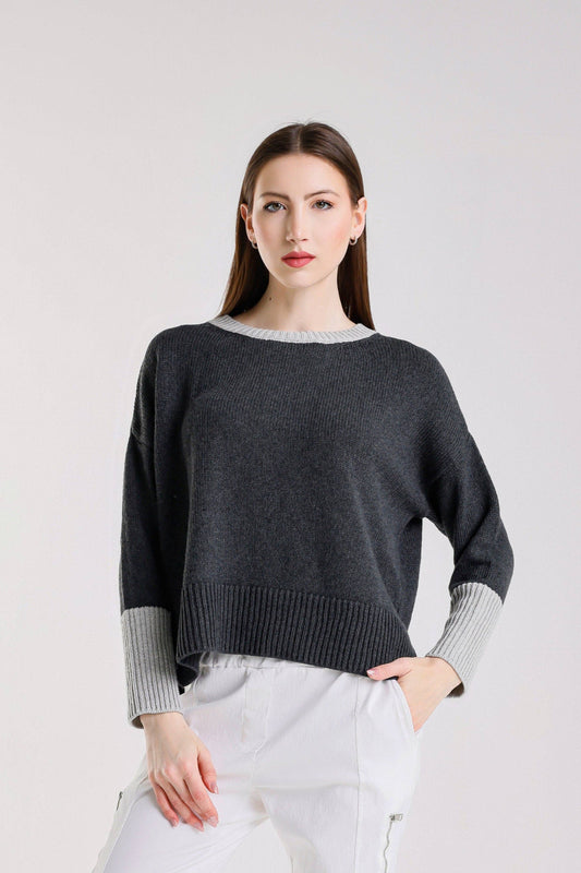 Lisbeth Contrast Neck Hi/Low Sweater