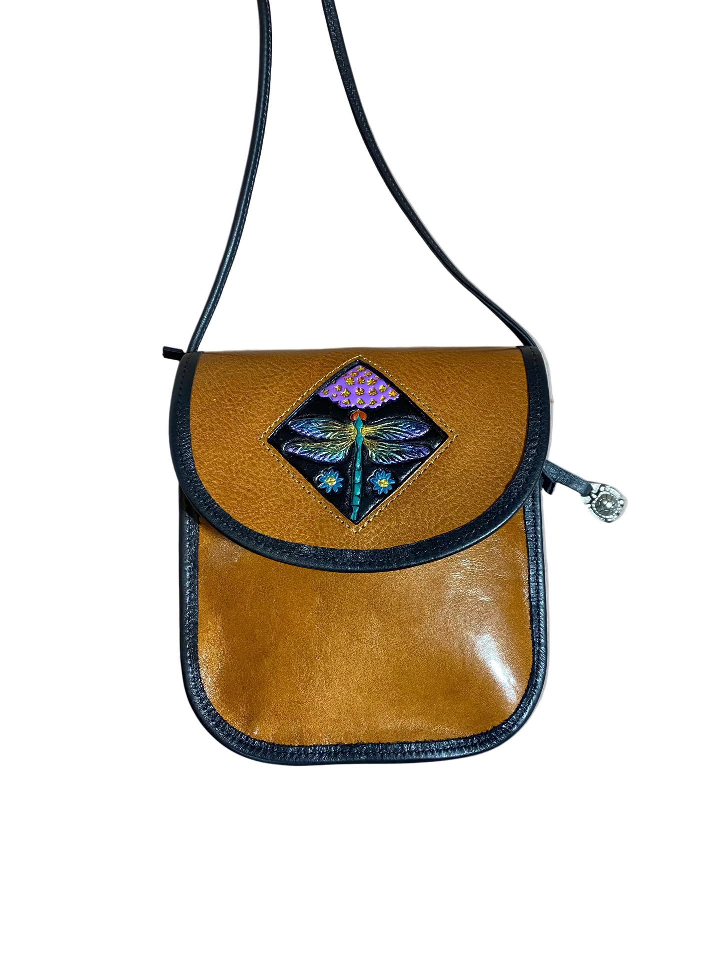 Brown leather crossbody bag with embossed design