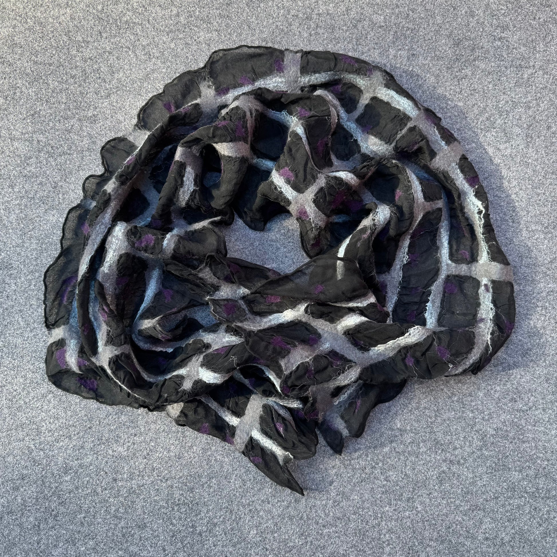 Black silk scarf with merino wool grid pattern