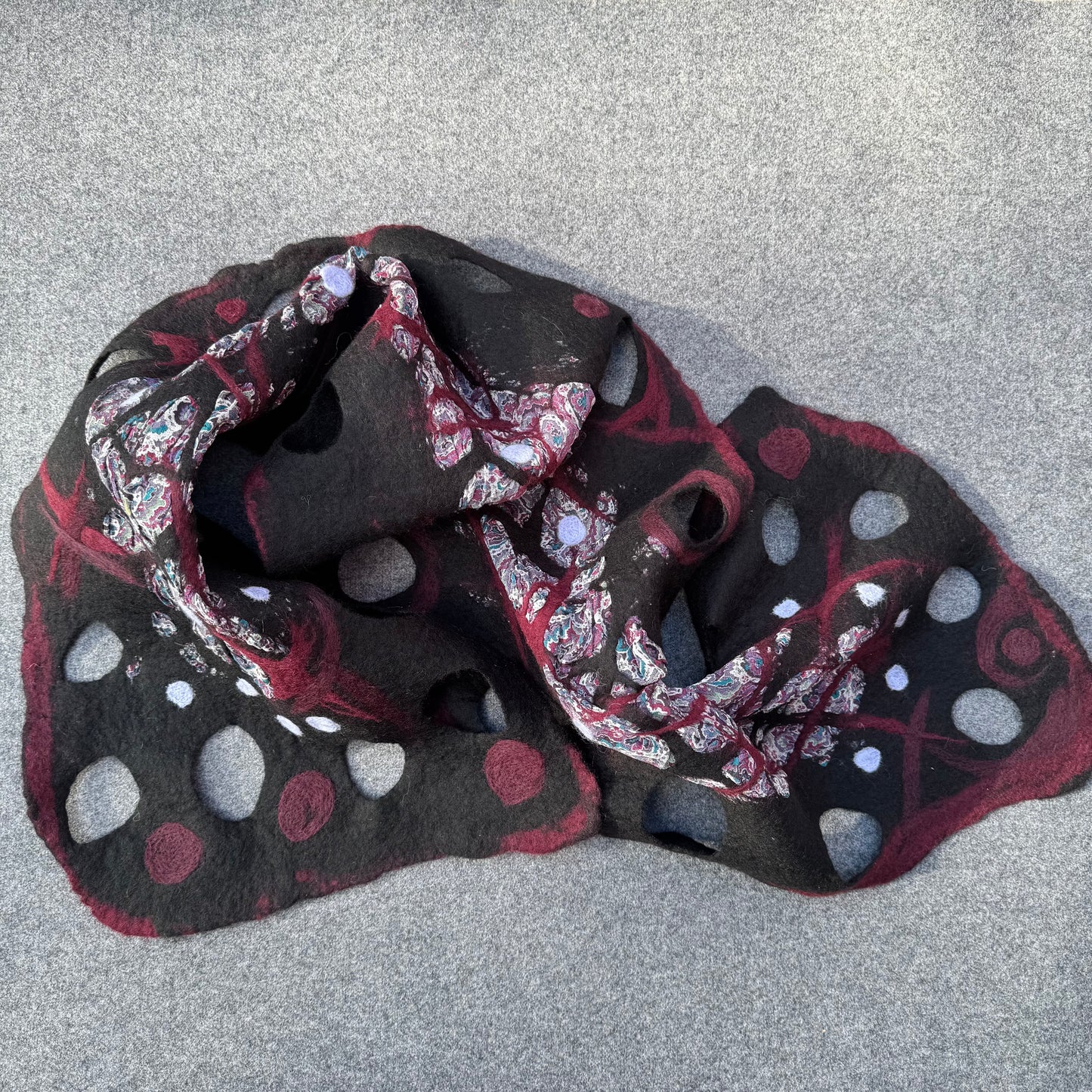 Black burgundy and printed silk scarf handmade in Nuno technique