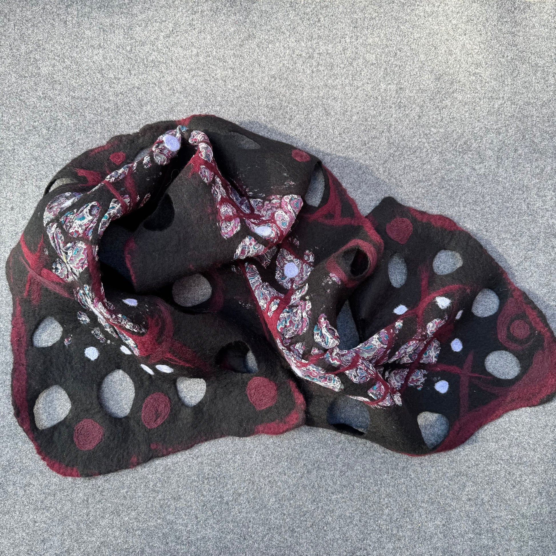 Black burgundy and printed silk scarf handmade in Nuno technique