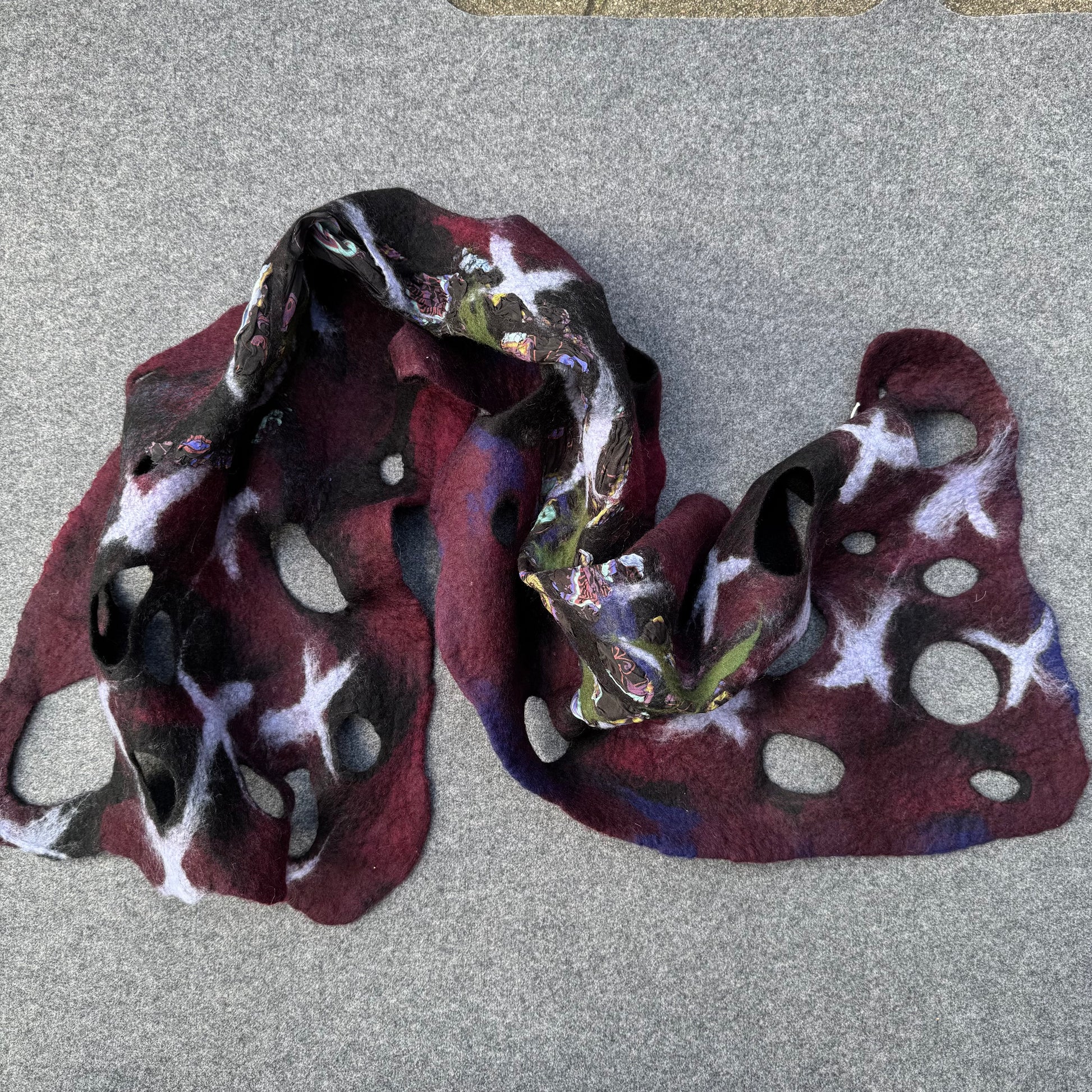 Black burgundy and printed silk scarf handmade in Nuno technique