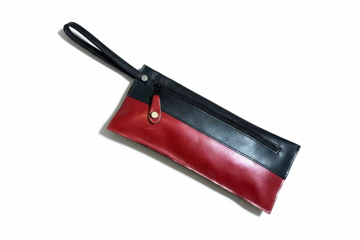 Black and red leather clutch bag, handmade in Door County