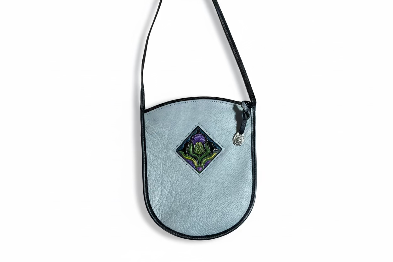 Handmade grey leather purse with a Thistle embossed and hand painted design
