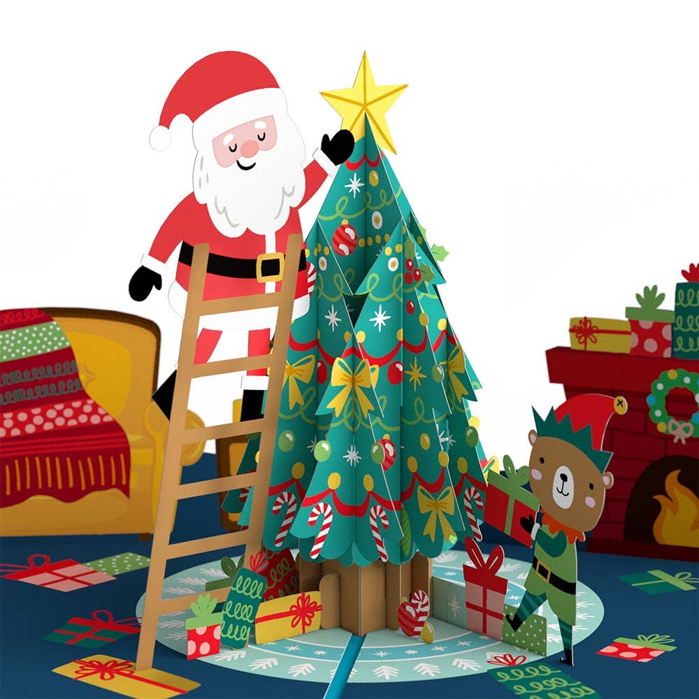 Santa Decorating a Christmas Tree Love Pop Card