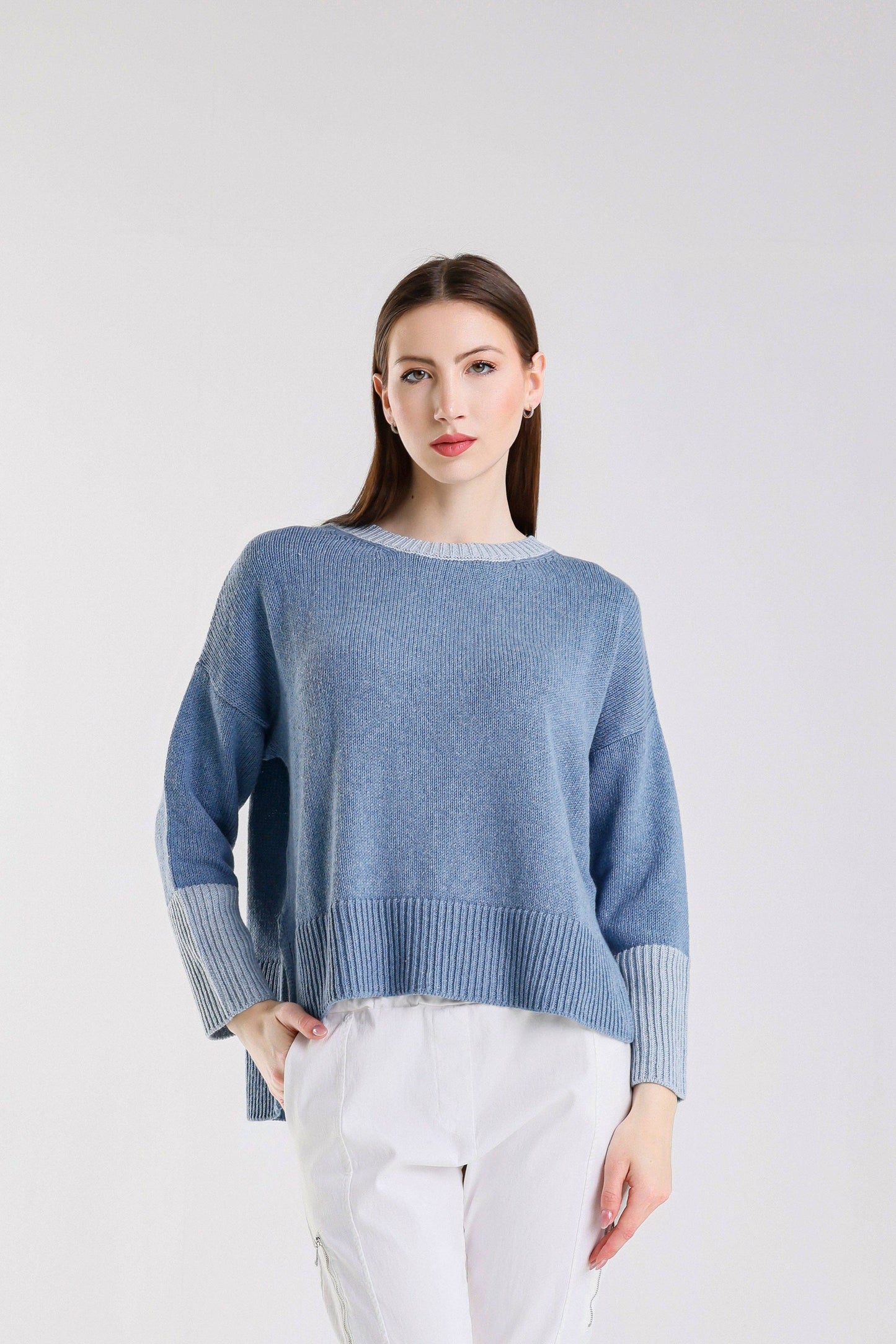 Lisbeth Contrast Neck Hi/Low Sweater
