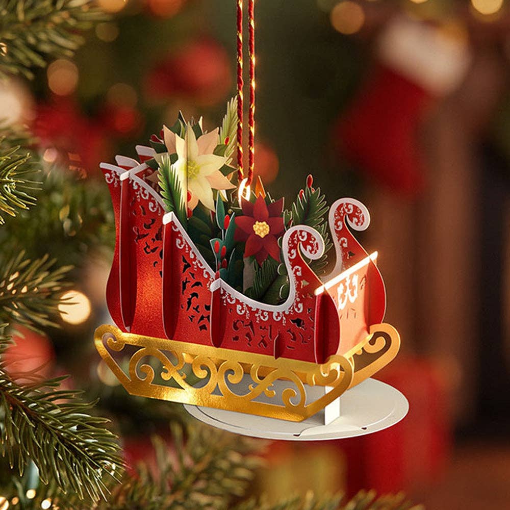 Merry and Bright Poinsettia Sleigh Slicegami Ornament Card™
